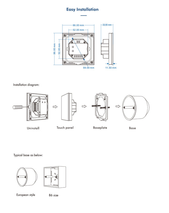 LED RGBW Wall Remote Touch Controller Panel 4 Zones