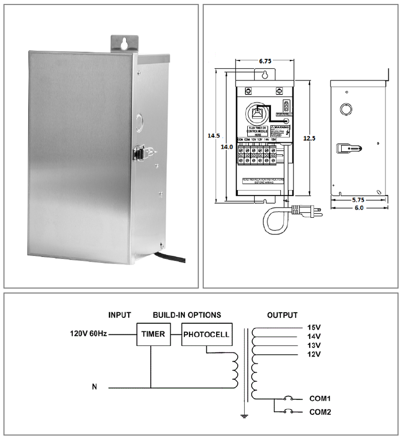 Magnetic Stainless Steel Non-Dimmable Landscape Transformer 600W 12/13/14/15V AC