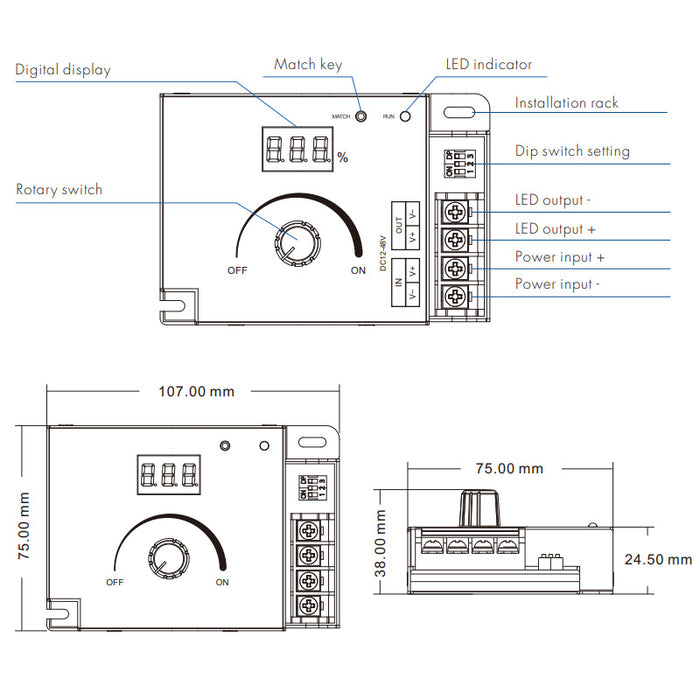 LED Rotary Knob 20A Dimmer Switch 0-100%